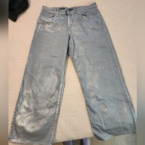 High-Rise Baggy Blue Silver Metallic Wide Leg Women's Jeans Size 16 Wild Fable